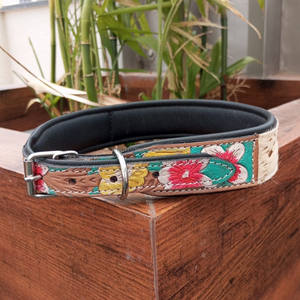 100% Natural Hair on Metallic Cowhide Branded Dog Collar Hand Tooled Western <b>Padded</b> Collar Engraved Genuine Leather Pet Collar - Product Image 2