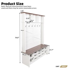 Panca da ingresso 4-in-1 in noce stile rustico con 16 vani aperti, scarpiera rustica e 6 ganci - Product Image 5