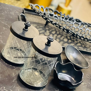 Embossed Glass Material Food <b>Storage</b> Container Pairs of 2 With Black Metal Lid Home Hotel Kitchen Accents - Product Image 1