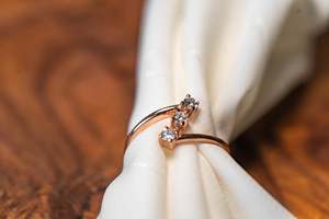 Minimalist Three Stone Lab Grown Diamond Engagement <b>Ring</b> Open Band <b>Dainty</b> 18k Yellow Gold Rhodium Plated Prong Setting - Product Image 4