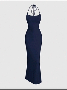 Robe de soirée longue pour femme, col licou, moulante, coupe trapèze, sans manches, couleur unie, pour soirée - Product Image 3