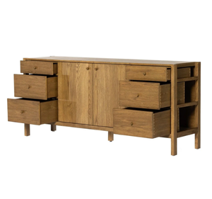 Aparador Moderno Minimalista de Madera de Teca Sólida con Acabado Natural, Mueble de Almacenamiento con Cajones y Puerta Doble - Product Image 2