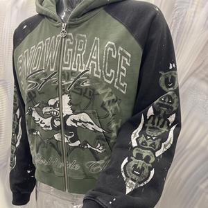 เสื้อฮู้ดซิปผู้ชาย Snowgrace สีเขียวดำ แขนเสื้อแบบแร็กแลน สไตล์สตรีทแวร์ ทรงโอเวอร์ไซส์ ลายพิมพ์ สำหรับใส่ในฤดูใบไม้ร่วง - Product Image 4