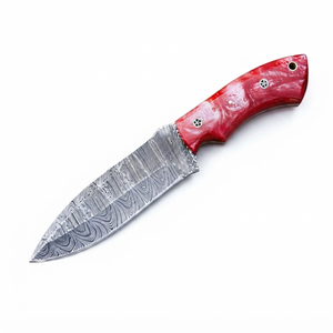 Handmade Damascus Steel 4.5-Inch Ambidextrous Skinner <b>Knife</b> with Red Resin <b>Handle</b> & Leather Sheath Outdoor <b>Knife</b> - Product Image 1