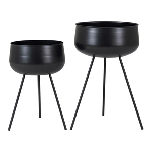 Pots de fleurs modernes en métal noir avec support trépied en fer, pots ronds contemporains pour l'intérieur, l'extérieur, le jardin, la terrasse, le balcon - Product Image 1