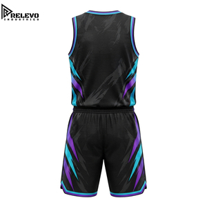 Conjunto de Camiseta y Pantalones Cortos de Baloncesto con Cuello en V, Uniforme Deportivo Negro con Estampado Sublimado en Morado Neón y Verde Azulado - Product Image 2