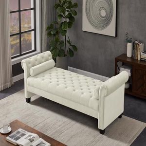 Ivory Velvet Rectangular <b>Sofa</b> Bench with Solid Wood Legs & Attached Cylindrical Pillows for <b>Living</b> <b>Room</b> - Product Image 3