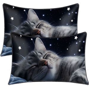 2 fodere per cuscini decorative con gatto nero, con cerniera, motivo animali carini, stelle notturne, per un sonno tranquillo - Product Image 1