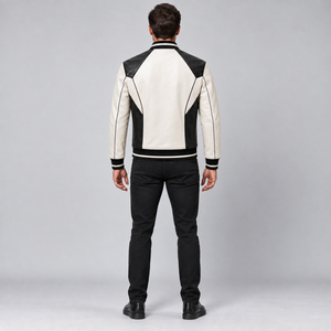 <b>Men</b>’s Two-Tone Leather Bomber <b>Jacket</b> with Geometric Panels, Front Zip Closure and Rib Knit Trims - Product Image 4
