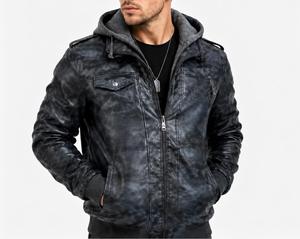 Chaqueta Bomber con Capucha de Cuero PU Sólido para Hombre, Cuello Mandarín, Cierre de Cremallera Transpirable, Manga Regular, Ropa Exterior Cortavientos de Otoño - Product Image 1
