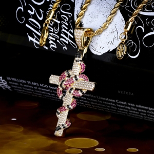 Moissanite Coral Snake <b>Cross</b> Pendant in 925 Sterling Silver - Striking Design Coral Snake Wrapped <b>Cross</b> Pendant - Product Image 1