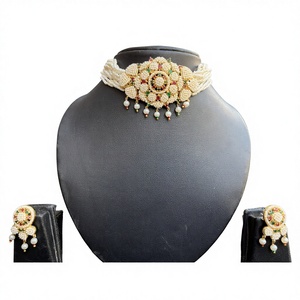 Indian Mores Brass Based <b>Gold</b> Plated <b>Moti</b> Jaal Puwai Handcrafted Flower Red & Green Choker <b>Set</b> for Women Indian Ethnic <b>Jewelry</b> - Product Image 1