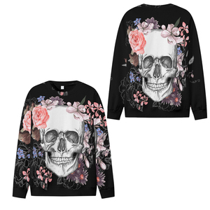T-shirt à manches longues pour homme, col rond, imprimé floral crâne, décontracté, en polyester tricoté - Product Image 2