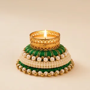 Handmade Round Beaded <b>Tea</b> <b>Light</b> <b>Holder</b> with Pearl Trim Gold Candle Stand Wall Mounted for Christmas & Easter Home Decoration - Product Image 3