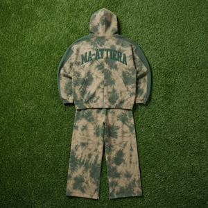 Ensemble survêtement streetwear pour homme vert beige tie-dye avec sweat à capuche zippé et pantalon large, panneau clouté, personnalisable OEM ODM - Product Image 5