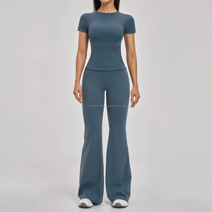 Ensemble de yoga taille haute imprimé, gaine amincissante ventre plat, vêtements de sport respirants à séchage rapide pour femme, en Spandex et Polyester, avec logo frontal, 2 pièces - Product Image 2