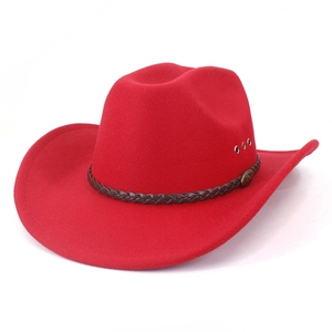 Red Unisex Wool Cowboy <b>Hat</b> With Braided <b>Band</b> Casual Adult 56-58CM Four Seasons - Product Image 1