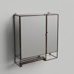 ARTISAN DESIGN Brass Metal Hanging Wall Shelf Decorative Glass mirror Display <b>Case</b> <b>Vanity</b> Makeup Jewelry brown finish - Product Image 1
