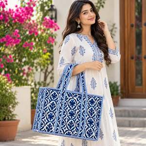 Blue And <b>White</b> Patterned Canvas Tote <b>Bag</b> With Stripe Trim Preppy Style Open Top Shopping <b>Bag</b> All Seasons - Product Image 2