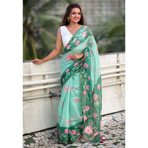 ชุดราตรีผ้าทอเอลีทสีเขียวทะเล ผ้าชานเดรีคอตตอนพิชไวพิมพ์ลาย พร้อมขอบผ้าทอแบบซารี - Product Image 4