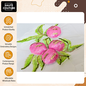Fournisseur expérimenté proposant des appliques brodées à la main en forme de fruits et de feuilles de 26 x 18 cm pour vêtements, avec des paillettes. - Product Image 2