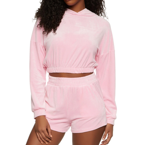 Ensemble crop top à capuche et short en velours de coton rose pour femme, décontracté, hiver, respirant, broderie, design épaules tombantes - Product Image 5