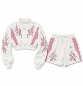 Y2K Rhinestone Graphic White Pink Cropped Sweatshirt <b>Shorts</b> Set Custom Heavyweight Fleece Women's <b>Sparkly</b> Tracksuit OEM Factory - Product Image 5