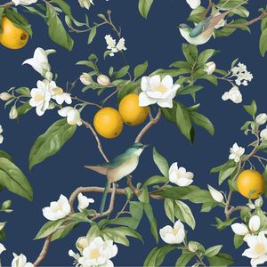 Papel Tapiz Autoadhesivo con Diseño Floral Azul Oscuro, Papel de Contacto Vintage con Hojas y Frutas, Impermeable, Removible, Diseño Botánico - Product Image 1