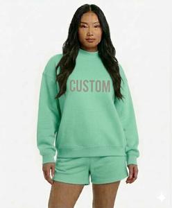 Novedad: Conjunto de pantalón corto y sudadera de cuello alto oversize para mujer, de poliéster y algodón, con bordado frontal personalizado, forro polar grueso. - Product Image 2