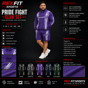 REXFIT SPORTS 2026 Conjunto Deportivo Personalizado para Hombre, Chaqueta y Pantalones Cortos de Nailon Morado, Ligero, con Cierre Completo, para Gimnasio, Entrenamiento, Running y Uso Casual - Product Image 1