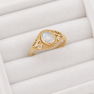 Natural Moonstone Oval Ring Gold Tone Filigree Band Vintage Style Handmade Elegant Designer Jewelry Ring for Women - Product Image 6