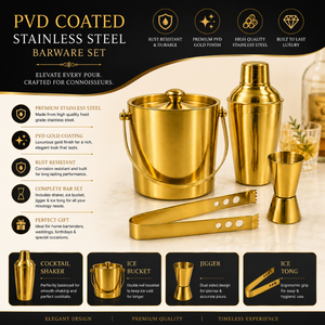 ชุดเชคเกอร์ค็อกเทลสแตนเลสเคลือบทอง PVD ทันสมัย ทนทาน พร้อมถังน้ำแข็ง จิกเกอร์ ที่คีบน้ำแข็ง และชุดอุปกรณ์บาร์ สำหรับบาร์ที่บ้านและงานปาร์ตี้ - Product Image 1