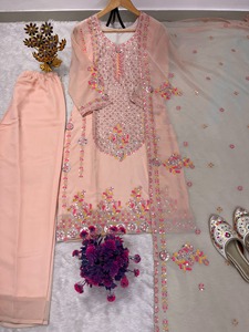 Elegant Peach Embroidered Summer/Spring Winter Party Pakistani Suit Set Organza Dupatta | Designer Sequins Work Kurta Palazzo - Product Image 3