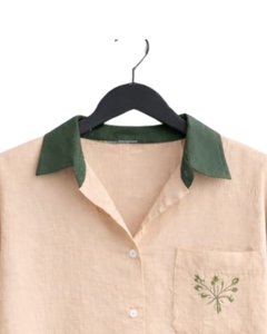 Conjunto de pijama de lino y algodón para mujer, color beige y verde, camisa con botones y bolsillo bordado y pantalones con cordón, conjunto informal para estar en casa - Product Image 6