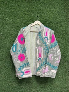 Handmade Suzani Embroidered <b>Velvet</b> Bomber <b>Jacket</b> <b>Women</b> Floral Boho Ethnic Eco-Friendly Thick Maaunique Autumn Winter 100% Cotton - Product Image 4