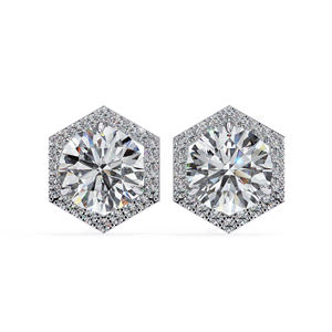 Boucles d'oreilles clous de luxe en moissanite hexagonale halo, 6,2 mm, taille ronde, couleur D, moissanite VVS, bijoux fins - Product Image 1