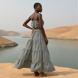 กระโปรงโบฮีเมียนสองด้านมีกระเป๋าตะเข็บสำหรับฤดูร้อนลำลองพิมพ์ลายสีขาวและเทาสำหรับเด็กผู้หญิงที่วางด้านหลัง - Product Image 1