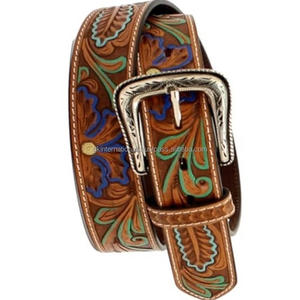 <b>Men's</b> High Quality Western Vintage Pattern Floral embossed tooled <b>leather</b> cowboy <b>belt</b> with alloy pin zinc buckle western <b>belt</b> - Product Image 1