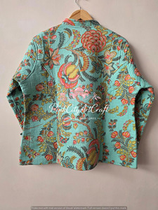 Handmade Knitted Indian Cotton Quilted <b>Jacket</b> Women Block Print Kantha Stitch Reversible Floral Design <b>Lightweight</b> Boho Winter - Product Image 3
