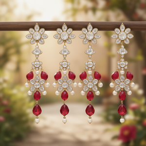 Ethnic Austrian Stone and <b>Mirror</b> Jhumki <b>with</b> Maangtikka Premium Diamond Pearl Flower Drop Earrings for Anniversaries-10575476RD - Product Image 3