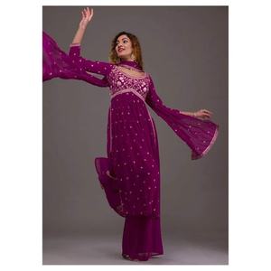 VÊTEMENTS DE SOIRÉE GEORGETTE BRODERIE SEQUENCE WORK NAYRA CUT TOP BOTTOM AVEC DUPATTA WINE - Product Image 1