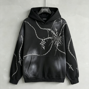 Sudadera con Capucha y Estampado Gótico para Hombre, Talla Grande, Tejida, Negra con Cadenas Rojas y Patrón de Cruz, Estilo Urbano Otoñal - Product Image 4