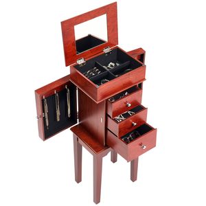 Armadio Portagioie in Legno con Specchio a Ribalta e 4 Scomparti, Mobiletto a 3 Cassetti, Organizzatore in Zinco - Product Image 1