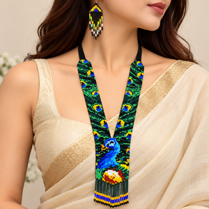 Conjunto de Joyería Fina Étnica con Cuentas de Cristal de Pavo Real, Collar y Pendientes Hechos a Mano con Cuentas de Semillas para Mujer - Product Image 1