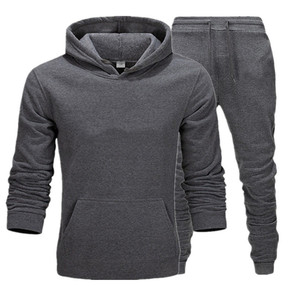 Survêtement gris à capuche pour homme, manches longues, couleur unie, décontracté, pour l'automne, avec poches latérales, pantalon à cordon de serrage, coupe régulière - Product Image 1