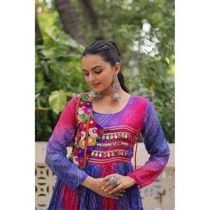 Handmade A-Line Gown for Navratri Beautiful Patch Work Embellished Empire Waistline Chiffon Fabric - Product Image 5