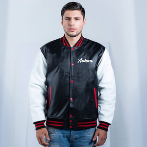Custom Logo <b>Men's</b> Varsity <b>Jacket</b> PU Leather Letterman <b>Baseball</b> <b>Jackets</b> Black White Embroidery Snap Button College Streetwear OEM - Product Image 3