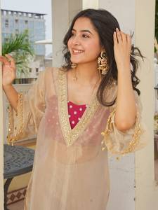 Designer Party Wear Embroidery Sequence Work Golden <b>Tissue</b> Top With Blouse And Plazzo Bottom Fully Stitched Ready To Wear Set - Product Image 2