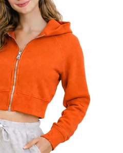 Sudadera con capucha corta personalizada para mujer, con cremallera, manga larga, informal, de felpa suave, estilo urbano, color naranja, para otoño e invierno. - Product Image 4