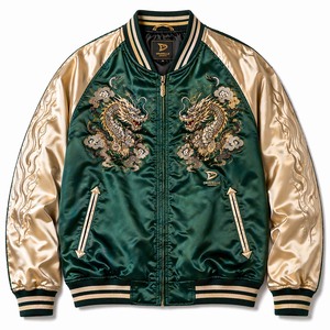 Chaqueta Sukajan Japonesa Personalizada, Chaqueta Bomber con Bordado de Dragón en Satén Esmeralda - Product Image 2